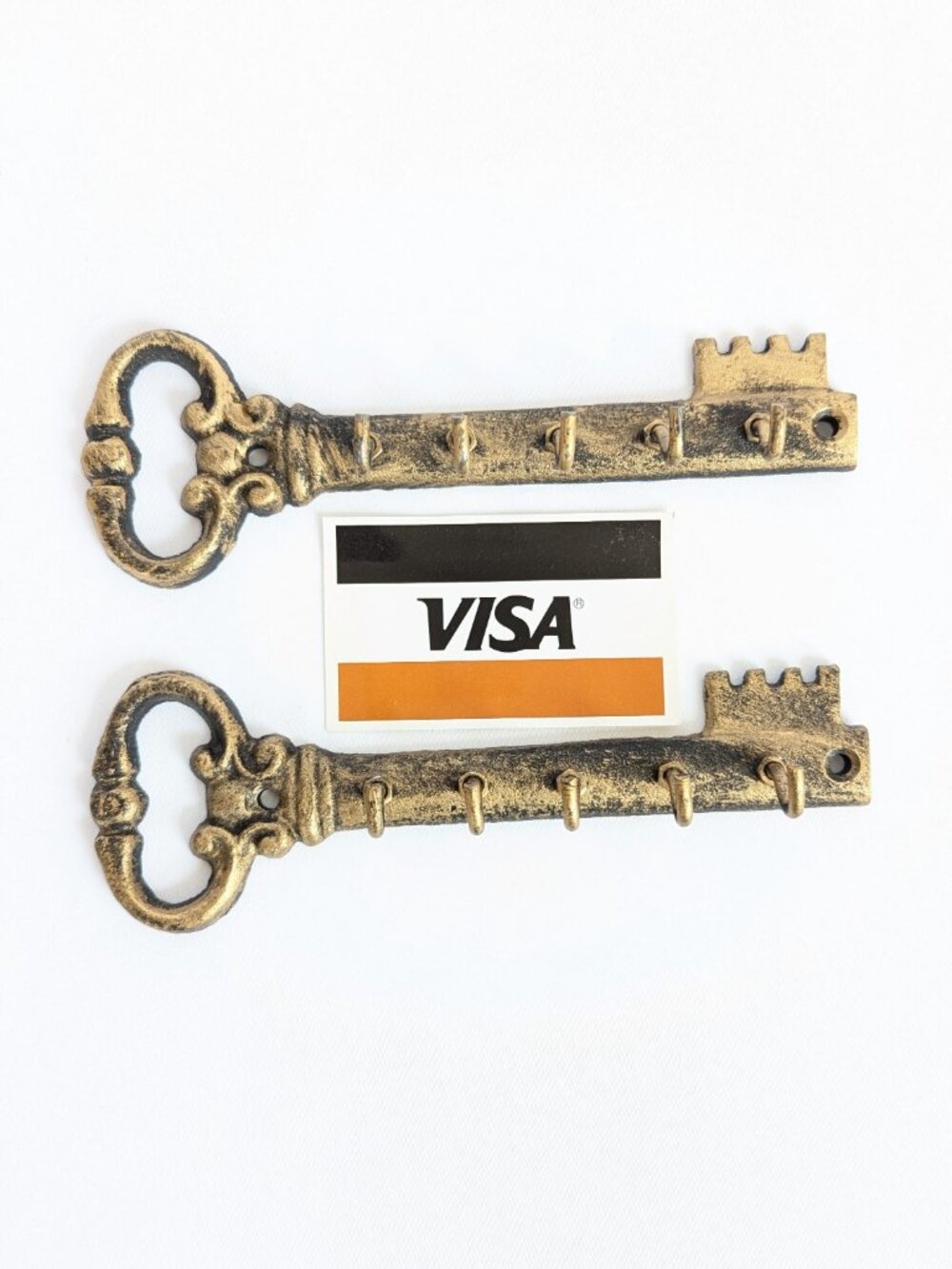 Vintage Key Hooks: Cast Iron Antique Brass Wall Hangers - Set of 2 - Picture 3 of 7